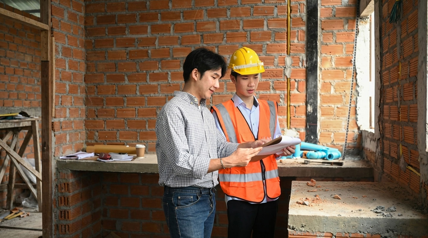 Artisan qualifié et propriétaire examinant ensemble un devis de travaux de rénovation sur un chantier