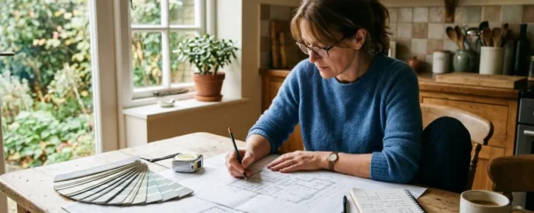 Propriétaire étudiant un plan de rénovation avec des outils et matériaux de construction autour de lui