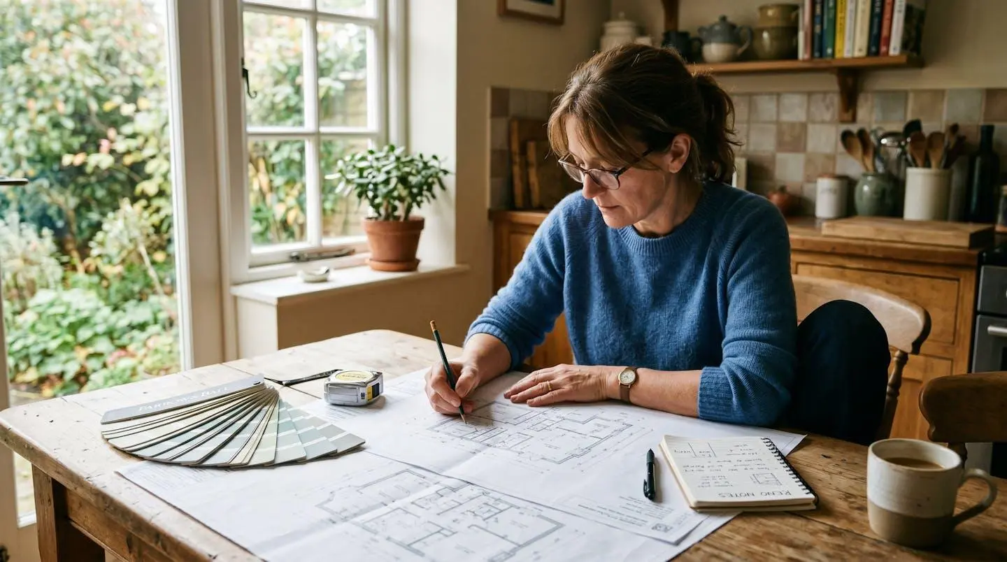 Propriétaire étudiant un plan de rénovation avec des outils et matériaux de construction autour de lui