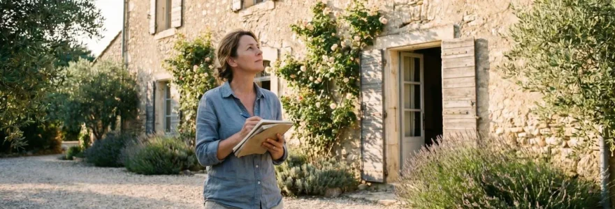 Propriétaire debout devant une maison ancienne, tenant un carnet de notes et regardant la façade avec attention