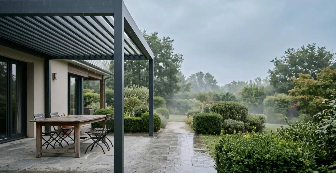 Terrasse française abritée sous une pergola en aluminium, protégée de la pluie tout en restant lumineuse