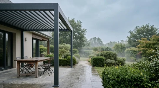 Terrasse française abritée sous une pergola en aluminium, protégée de la pluie tout en restant lumineuse