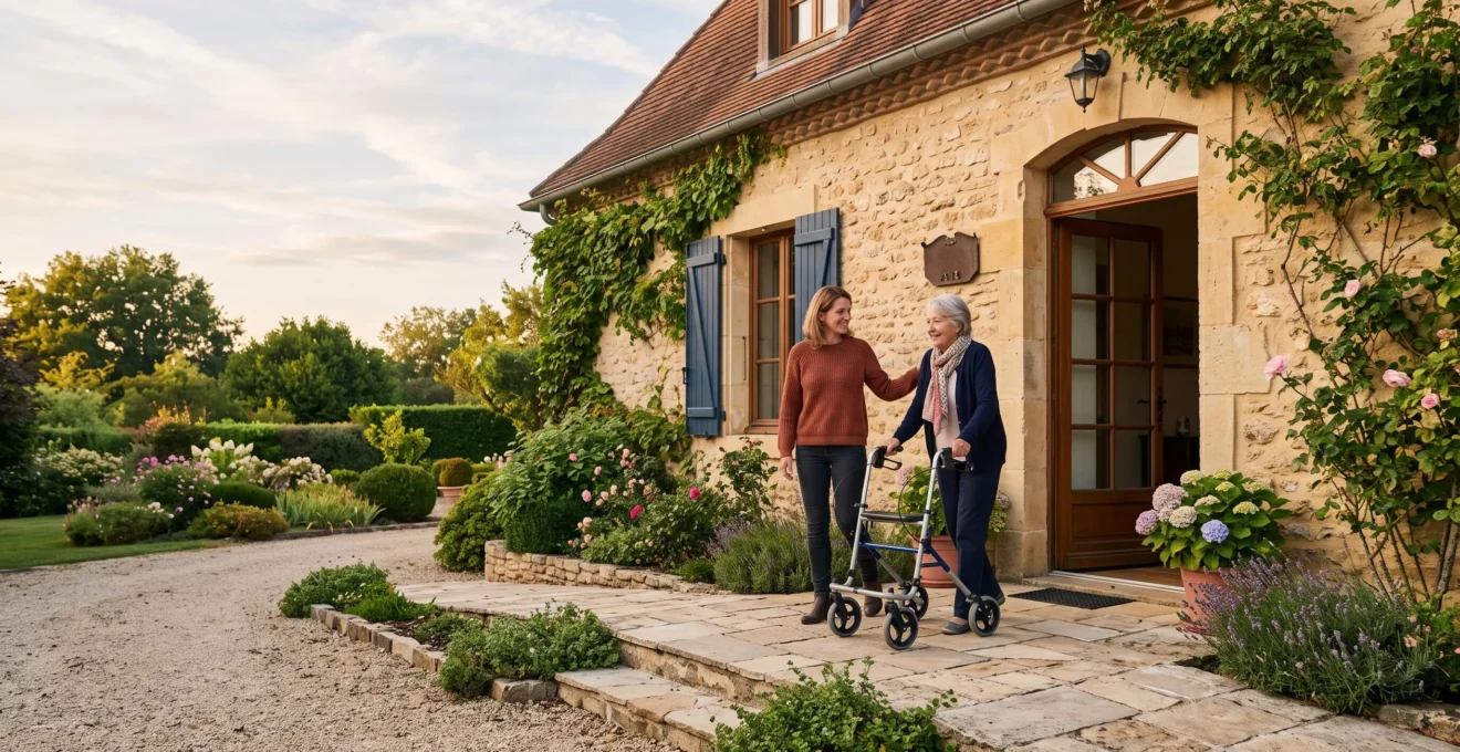 Entrée accessible d'une maison française adaptée aux seniors et aux personnes à mobilité réduite