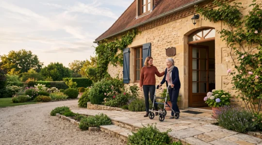 Entrée accessible d'une maison française adaptée aux seniors et aux personnes à mobilité réduite
