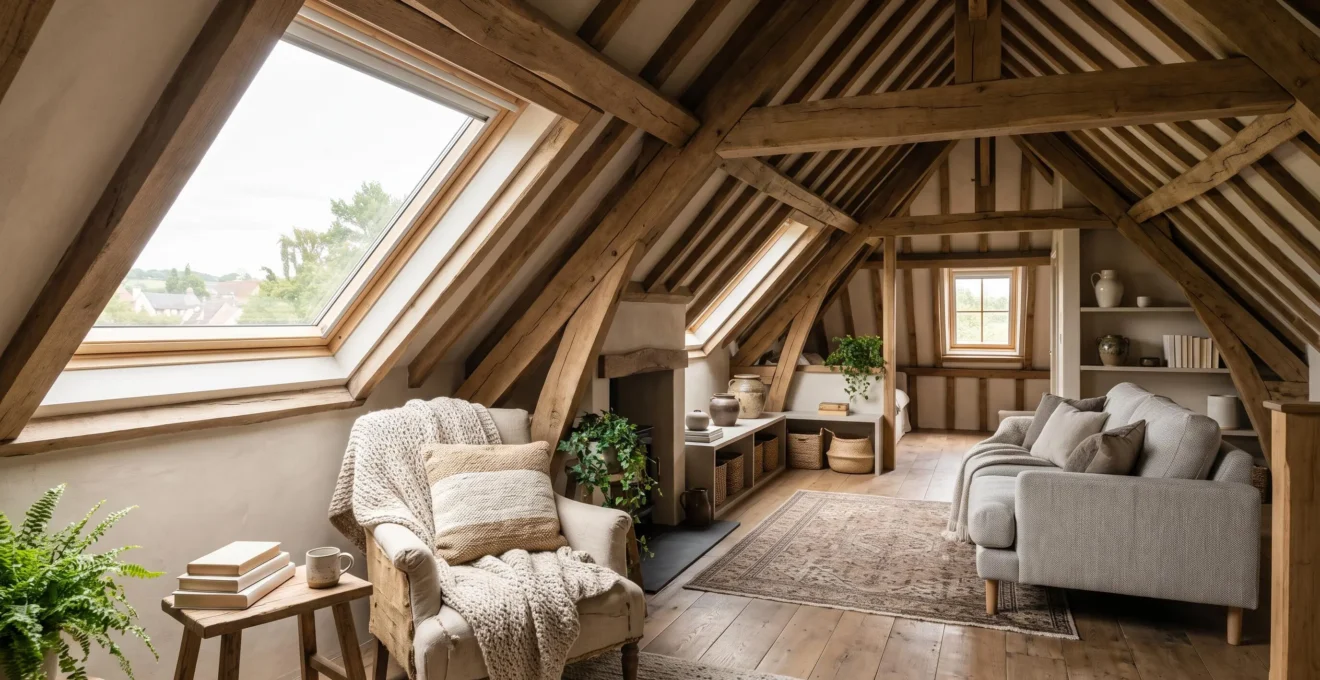Combles aménagés transformés en spacieuse pièce de vie lumineuse sous une toiture en bois