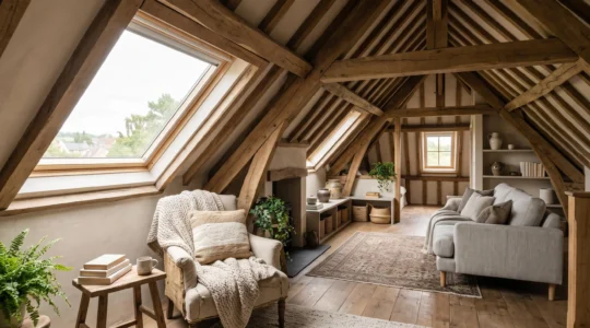 Combles aménagés transformés en spacieuse pièce de vie lumineuse sous une toiture en bois