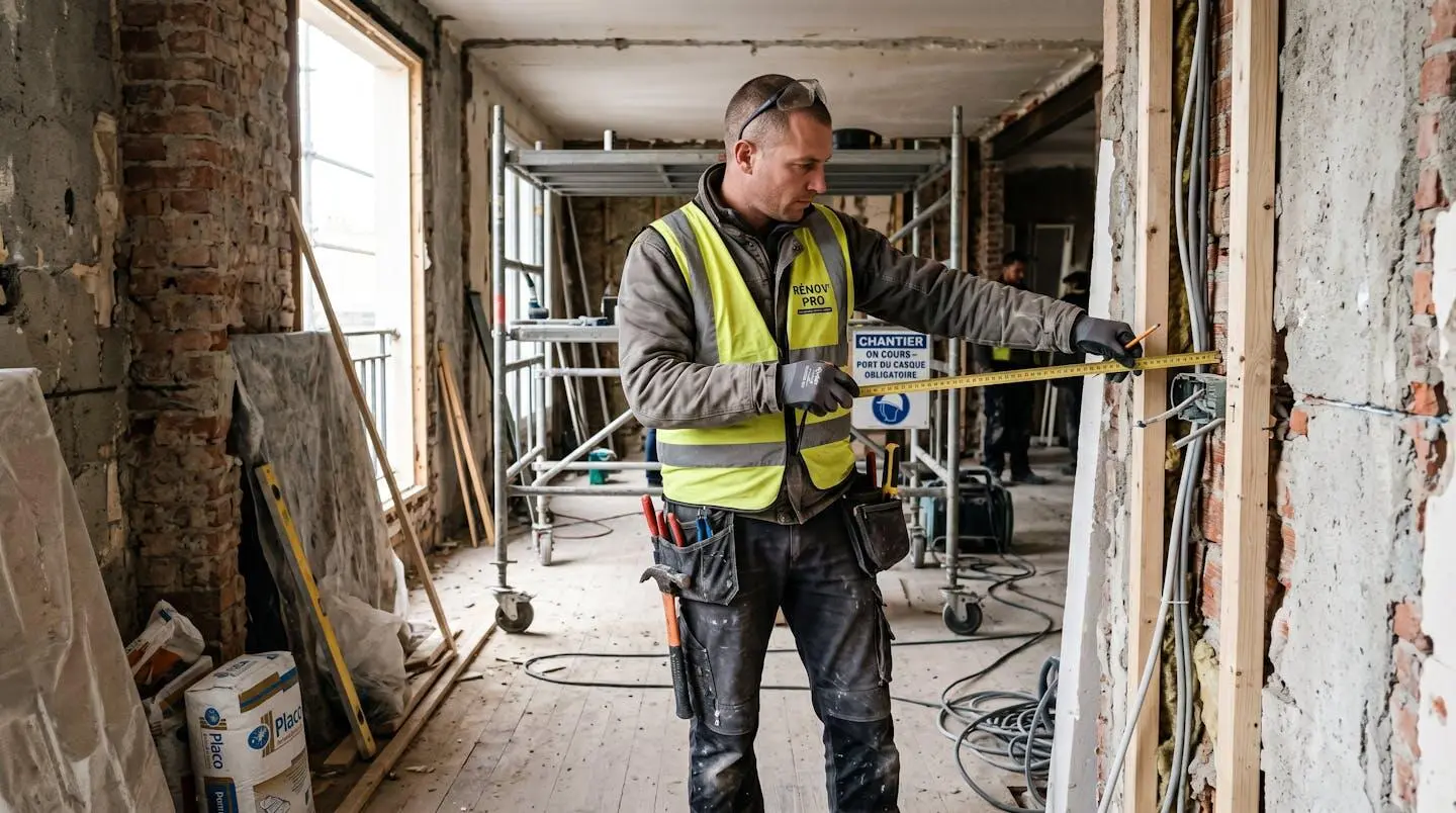 Artisan du bâtiment prenant des mesures murales sur un chantier de rénovation résidentielle avec outils professionnels et échafaudage