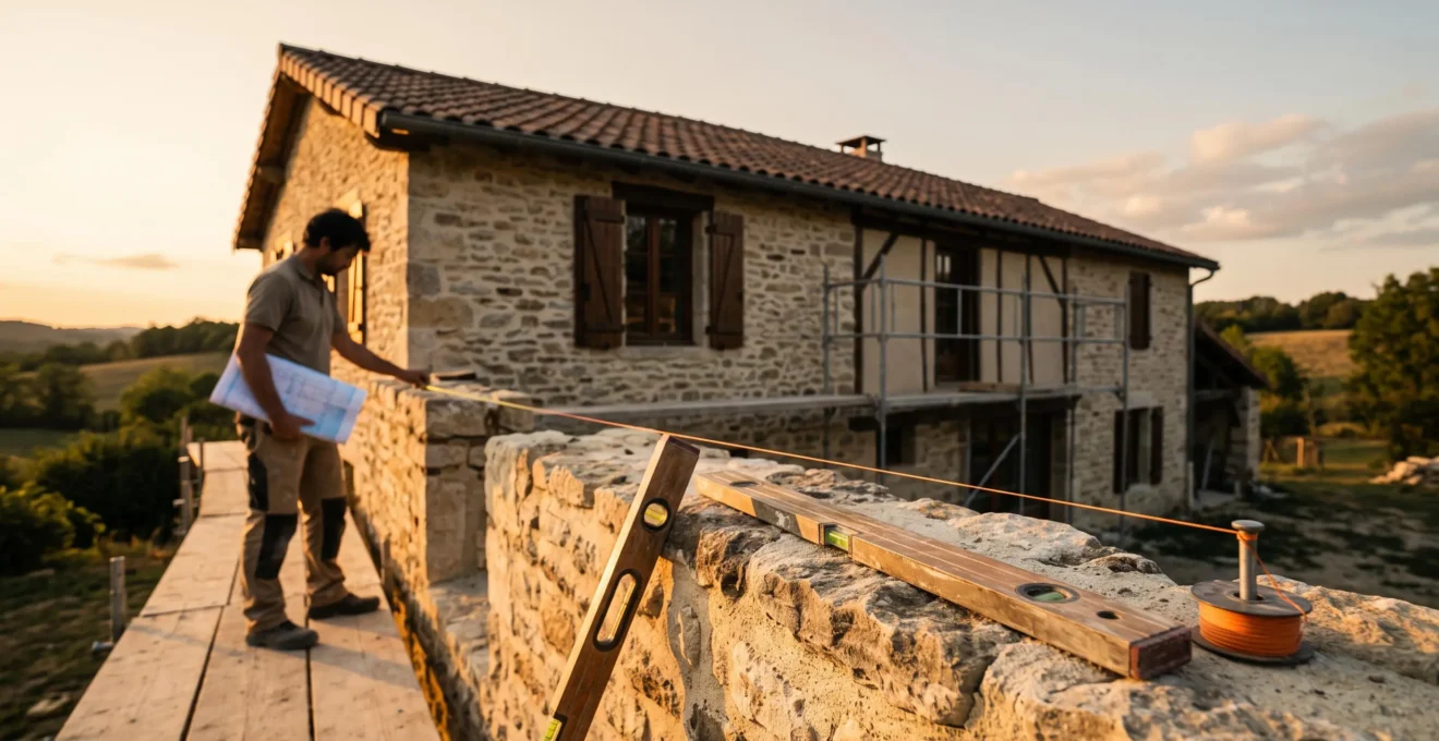Artisan et propriétaire vérifiant ensemble les finitions d'une rénovation de longère française au lever du jour, symbolisant la maîtrise précise d'un budget travaux