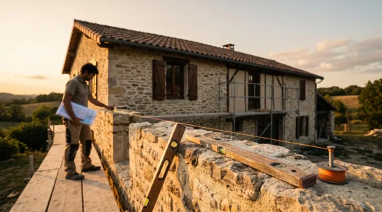 Artisan et propriétaire vérifiant ensemble les finitions d'une rénovation de longère française au lever du jour, symbolisant la maîtrise précise d'un budget travaux