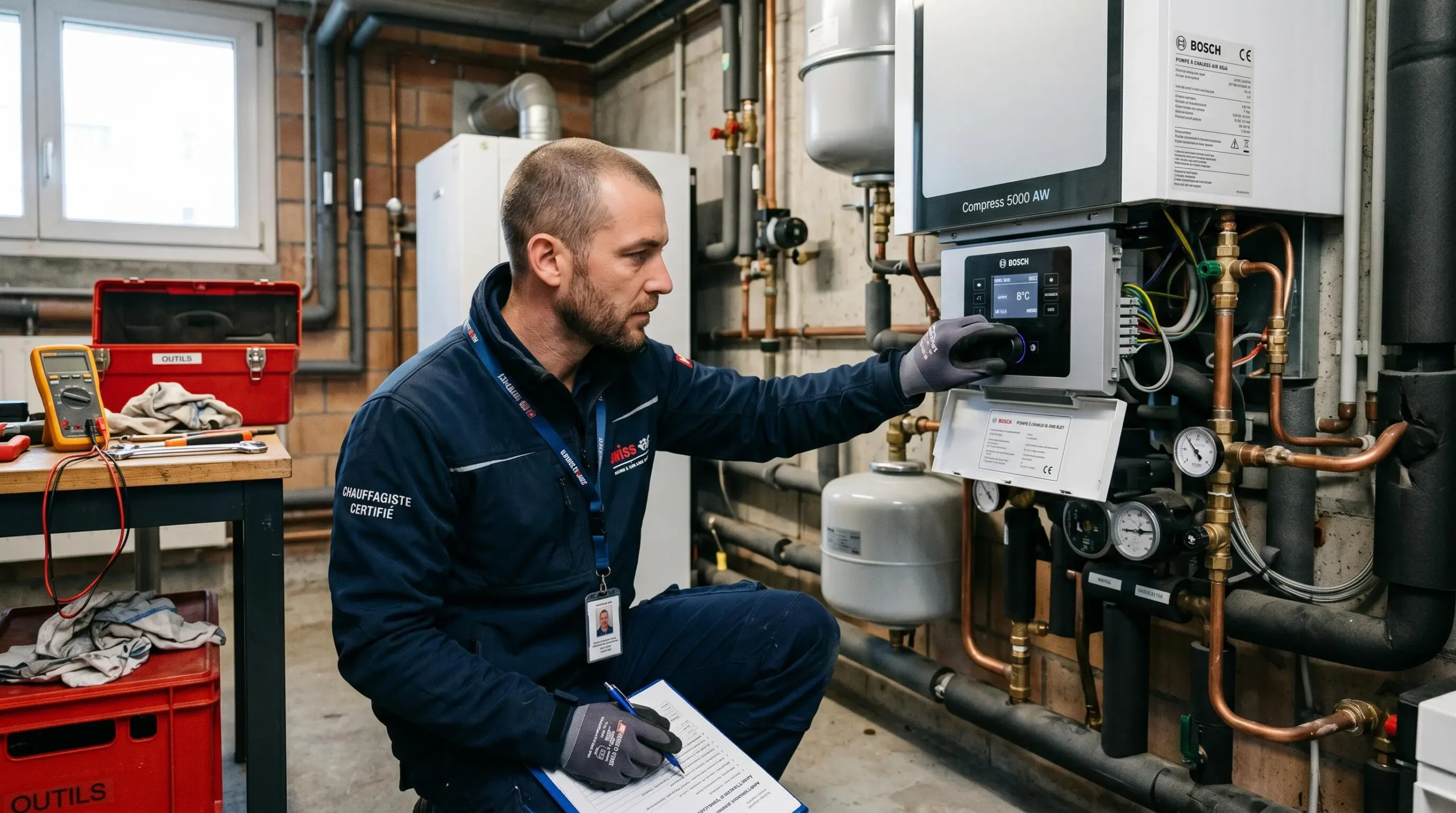 Chauffagiste certifié réglant une pompe à chaleur moderne dans un local technique, avec panneau de contrôle et tuyauterie d'installation visibles
