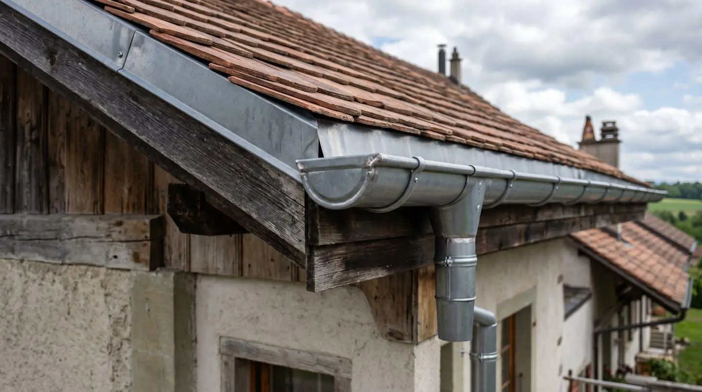 Chéneau en zinc fraîchement installé sur une toiture de maison suisse, avec fixations et raccordement à la descente d'eau pluviale visibles