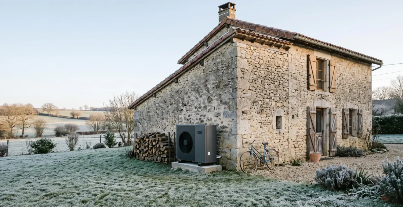 Technicien réglant une pompe à chaleur moderne installée à l'extérieur d'une maison française avec toiture en tuiles