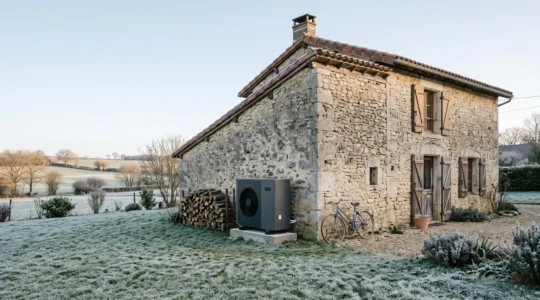 Technicien réglant une pompe à chaleur moderne installée à l'extérieur d'une maison française avec toiture en tuiles
