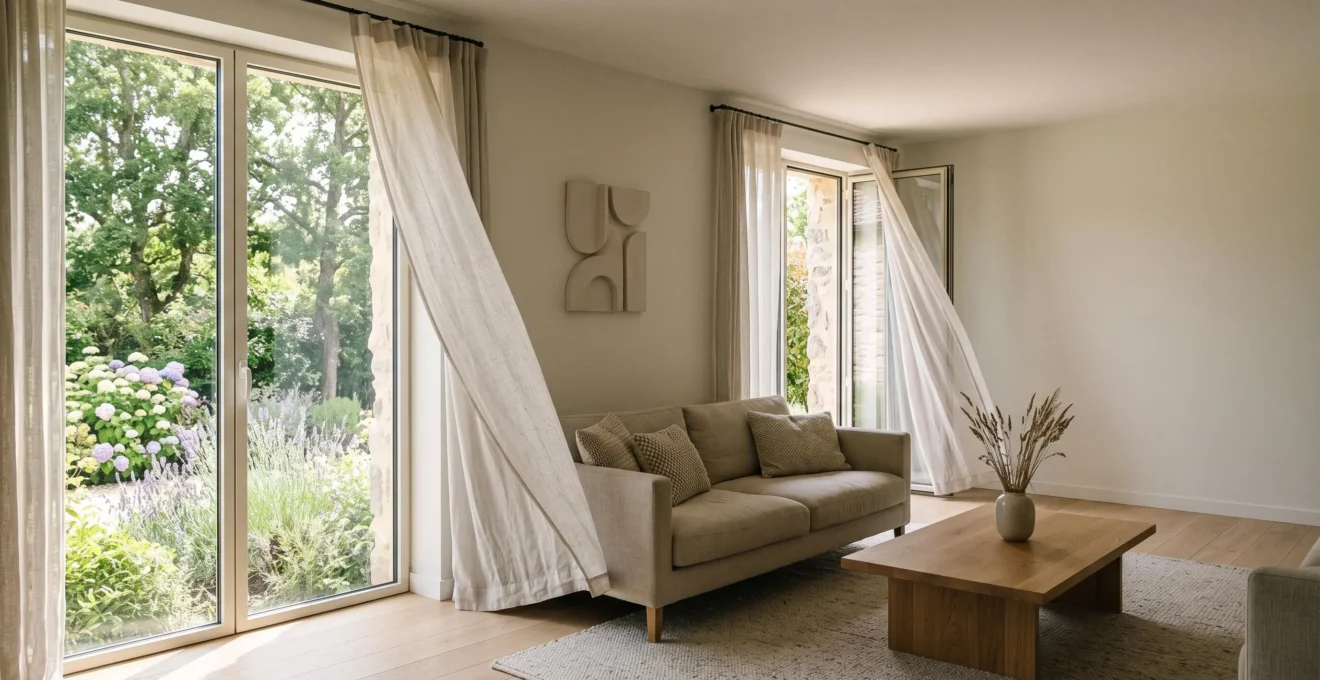 Vue intérieure d'un salon lumineux dans une maison française avec des rideaux légers soulevés par un courant d'air traversant naturel