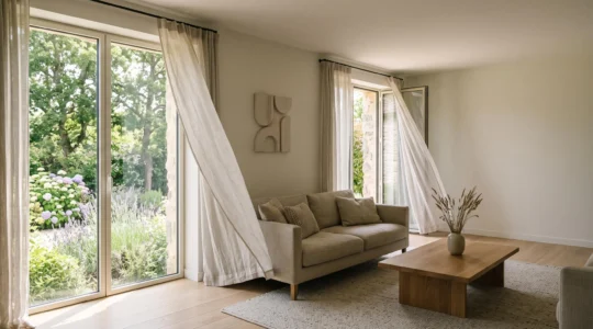 Vue intérieure d'un salon lumineux dans une maison française avec des rideaux légers soulevés par un courant d'air traversant naturel