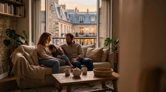 Salon chaleureux et lumineux d'une maison familiale française incarnant un cocon de confort