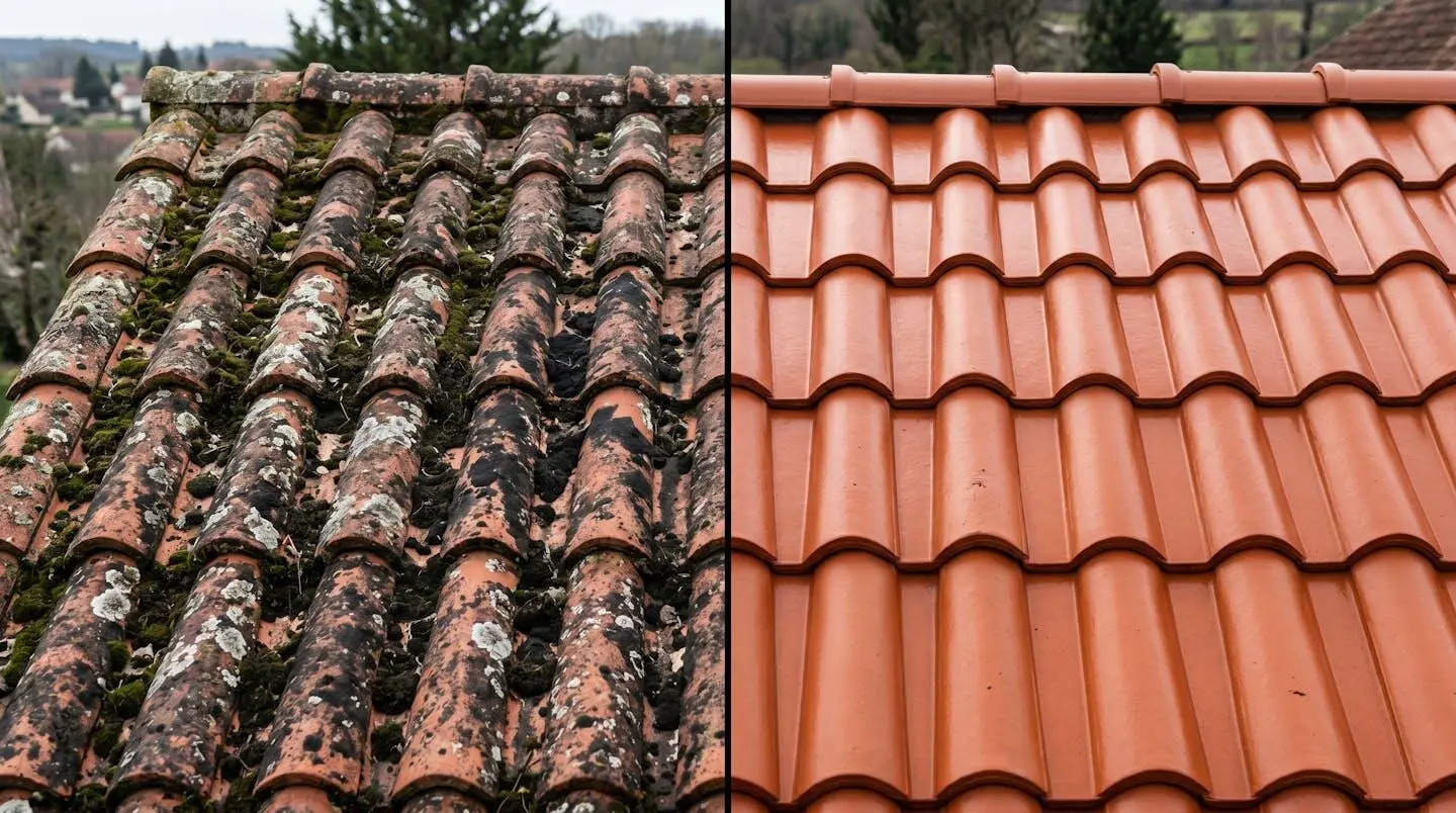 Comparaison visuelle avant-après nettoyage de tuiles terre cuite avec brosse rotative montrant l'élimination des mousses vertes