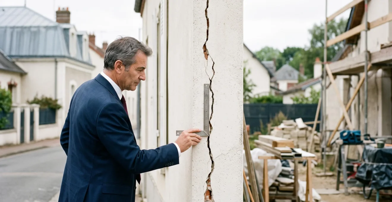 Professionnel du droit examinant une fissure sur une façade de maison française lors d'un constat de travaux