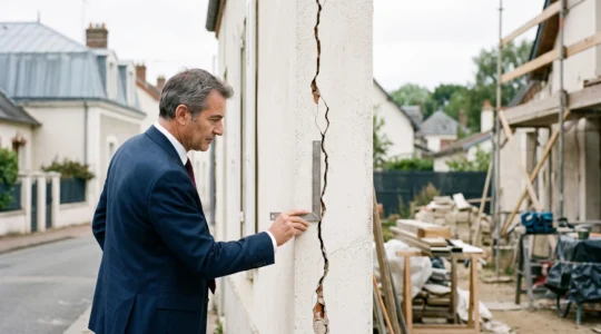 Professionnel du droit examinant une fissure sur une façade de maison française lors d'un constat de travaux