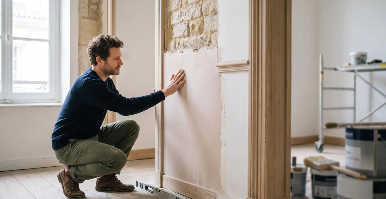 Propriétaire inspectant avec attention la qualité d'une rénovation intérieure dans une maison française