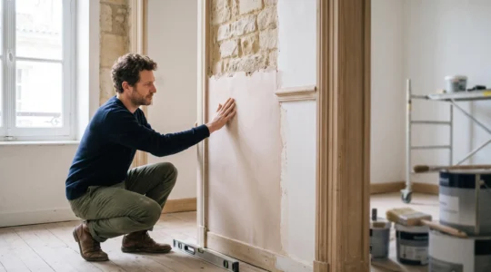 Propriétaire inspectant avec attention la qualité d'une rénovation intérieure dans une maison française