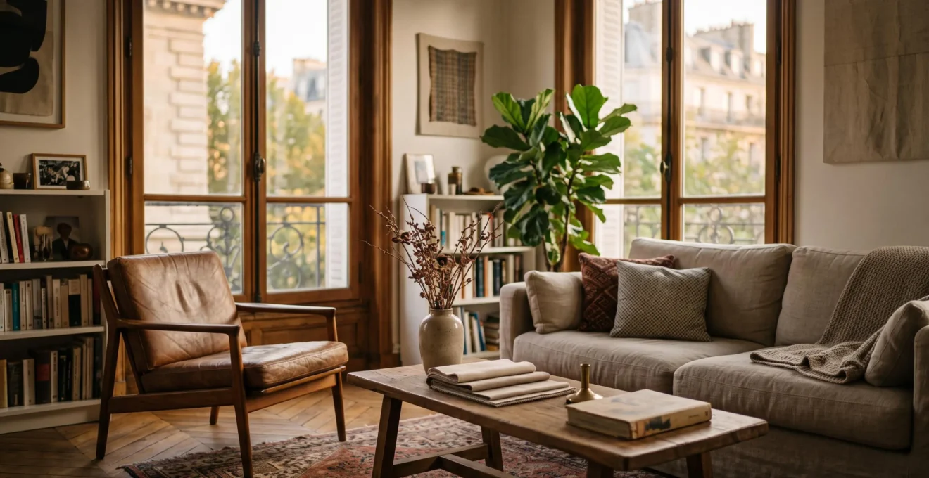 Salon lumineux mélangeant meubles chinés, textiles naturels et objets personnels dans un appartement français