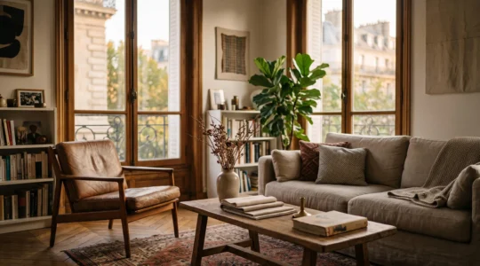 Salon lumineux mélangeant meubles chinés, textiles naturels et objets personnels dans un appartement français