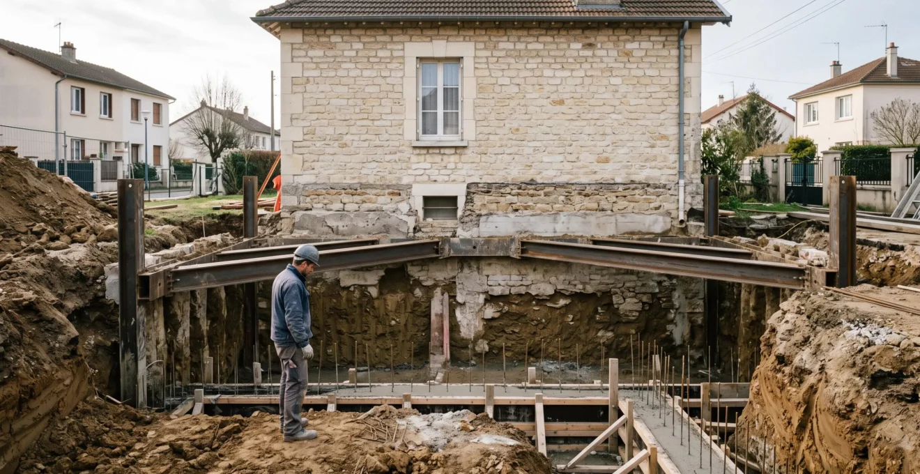 Chantier de creusement d'une cave sous une maison individuelle française avec structure de soutènement en béton armé