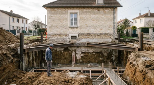 Chantier de creusement d'une cave sous une maison individuelle française avec structure de soutènement en béton armé