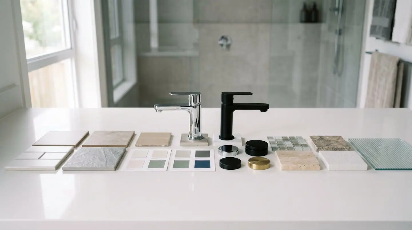 Échantillons de matériaux pour salle de bain disposés sur plan de travail : carrelage, robinetterie et nuancier de couleurs