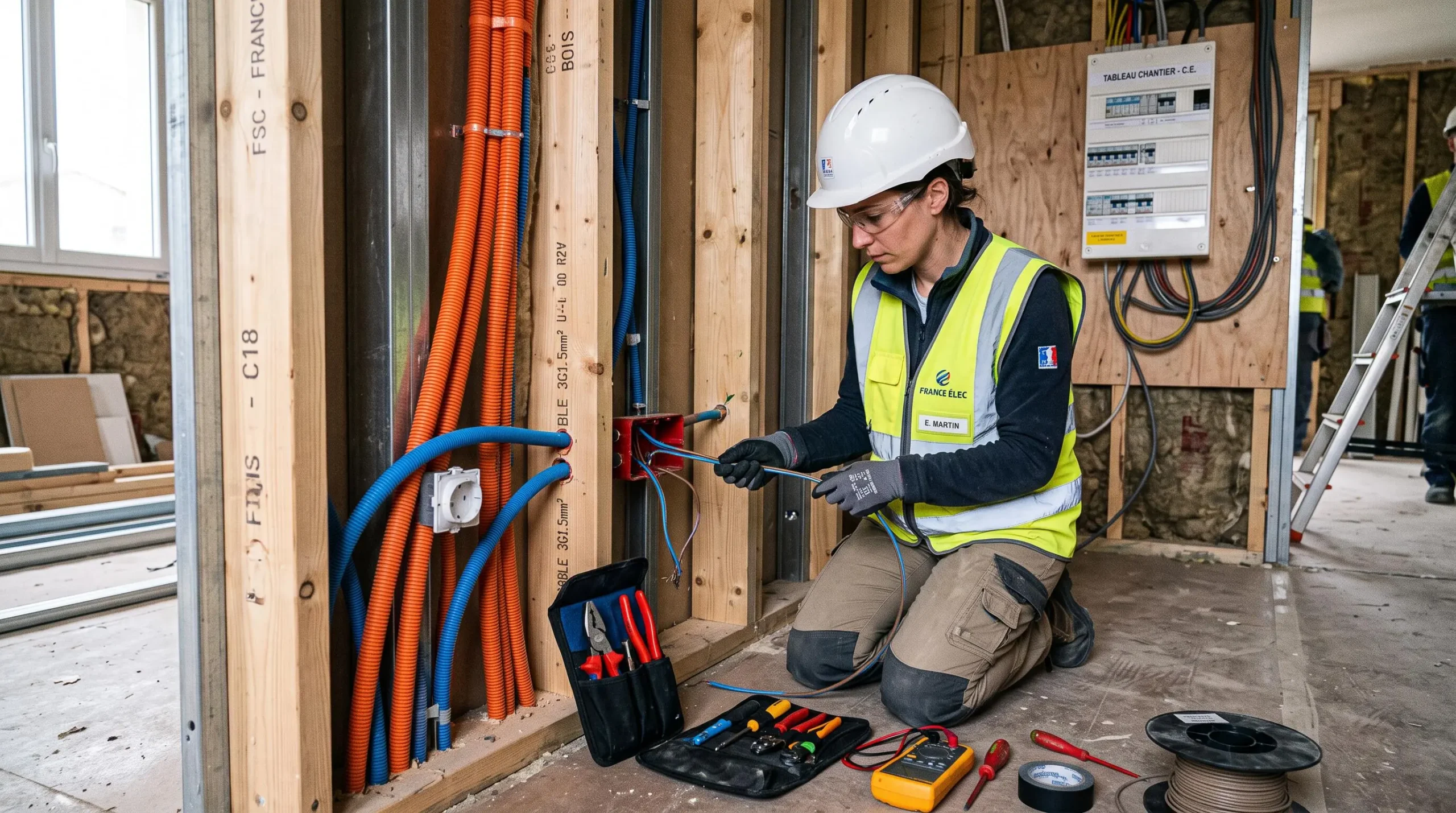 Électricien installant des câbles électriques dans un mur à ossature apparente lors d'une rénovation de maison