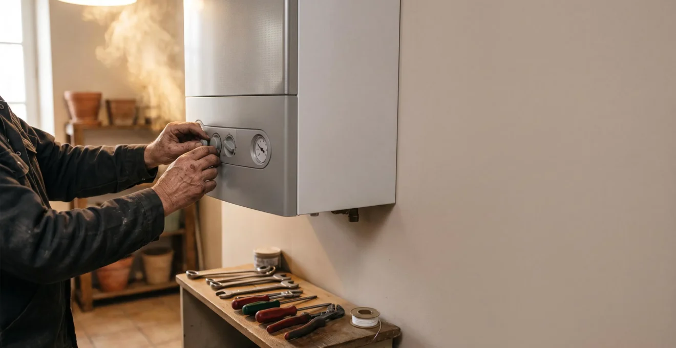 Artisan chauffagiste inspectant une chaudière murale moderne dans une maison française, lumière chaude et atmosphère de confort domestique