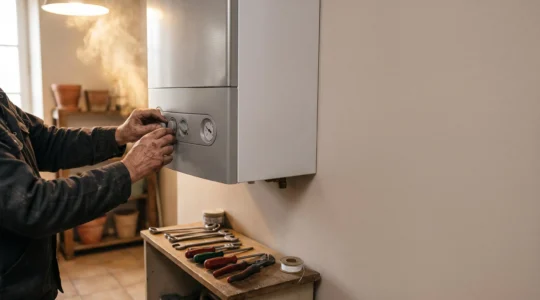 Artisan chauffagiste inspectant une chaudière murale moderne dans une maison française, lumière chaude et atmosphère de confort domestique
