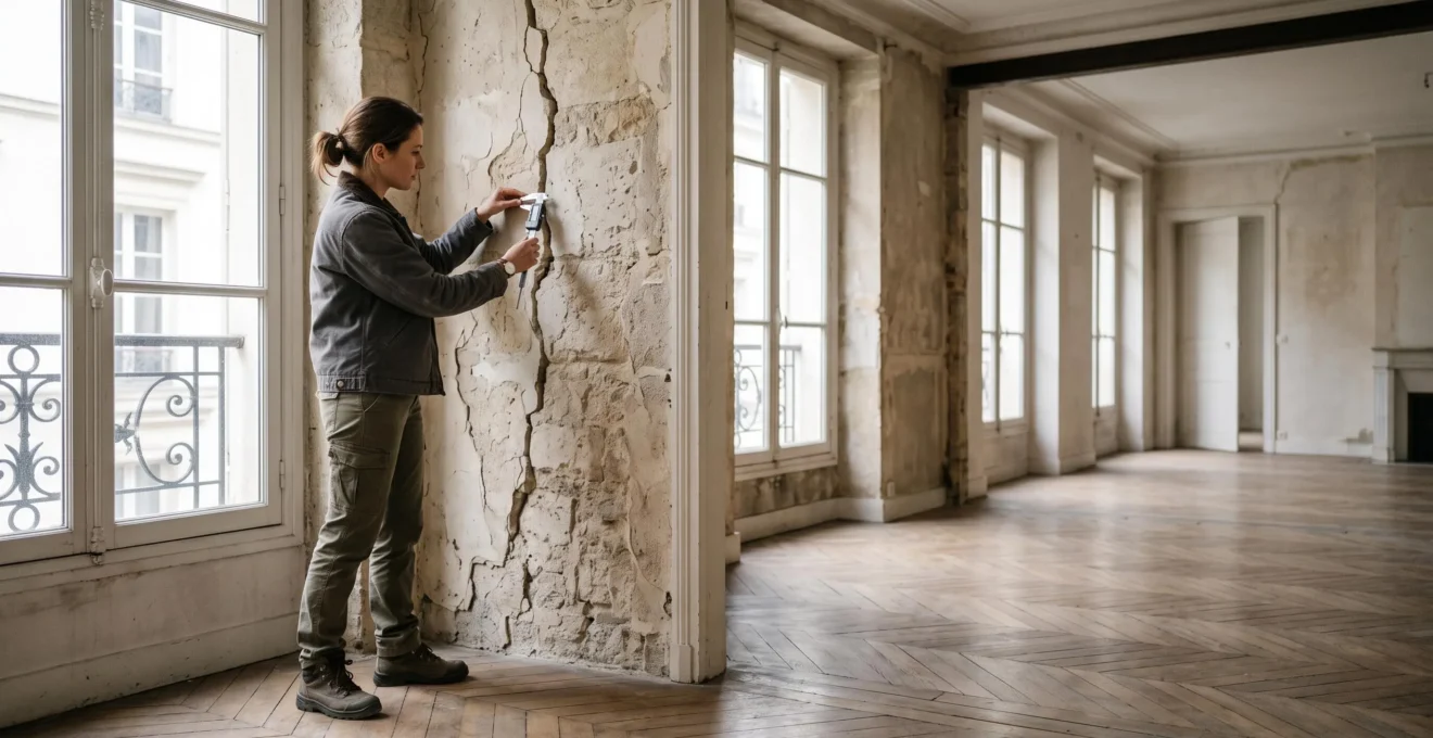 Un professionnel du bâtiment inspecte minutieusement un mur d'une maison française avant le démarrage de travaux de rénovation