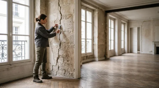 Un professionnel du bâtiment inspecte minutieusement un mur d'une maison française avant le démarrage de travaux de rénovation