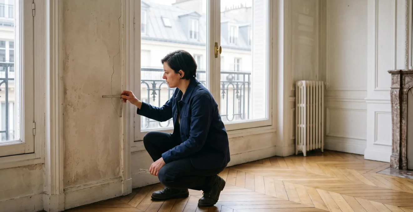 Un expert en batiment independant examine minutieusement une fissure sur un mur dans un appartement parisien