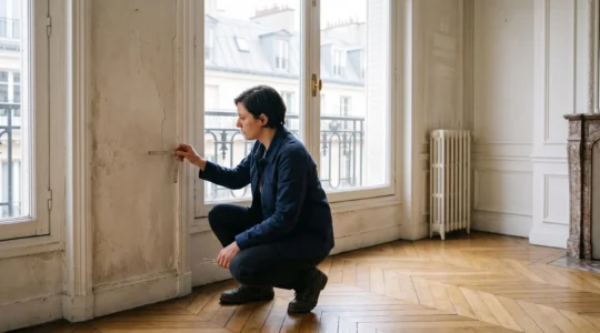 Un expert en batiment independant examine minutieusement une fissure sur un mur dans un appartement parisien