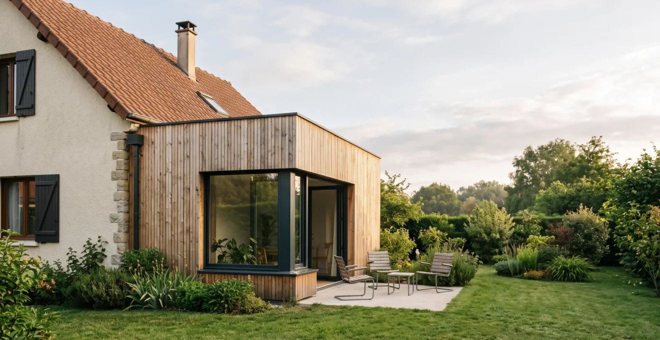 Extension en ossature bois moderne accolée à une maison individuelle française traditionnelle, illustrant un agrandissement de 20 m²
