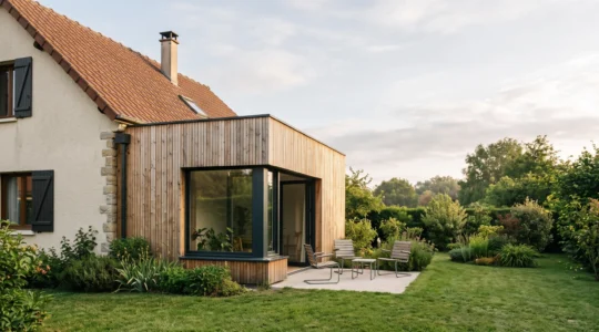 Extension en ossature bois moderne accolée à une maison individuelle française traditionnelle, illustrant un agrandissement de 20 m²