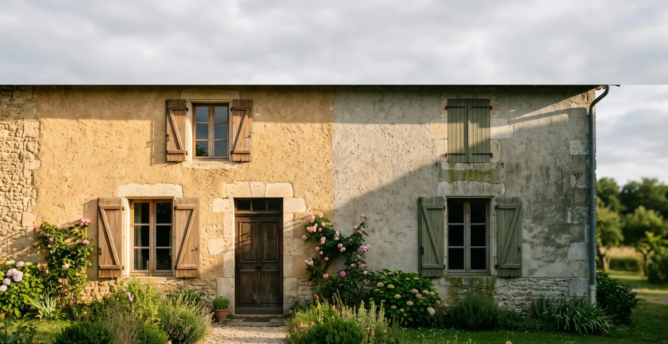 Façade d'une maison française en pierre partiellement éclairée, illustrant la protection contre l'humidité et les dégradations structurelles