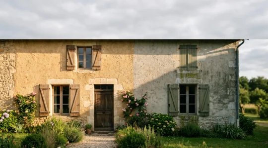 Façade d'une maison française en pierre partiellement éclairée, illustrant la protection contre l'humidité et les dégradations structurelles