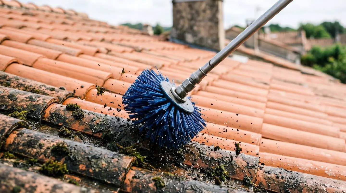 Gros plan sur une brosse rotative en action sur des tuiles terre cuite montrant l'angle d'inclinaison optimal et le sens de passage