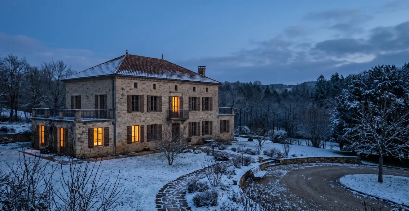 Grande maison française illuminée en hiver, symbolisant un chauffage maîtrisé et un budget énergie optimisé