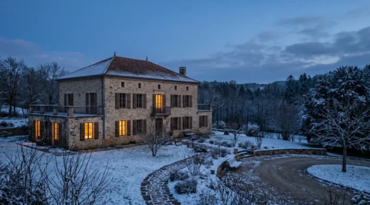 Grande maison française illuminée en hiver, symbolisant un chauffage maîtrisé et un budget énergie optimisé