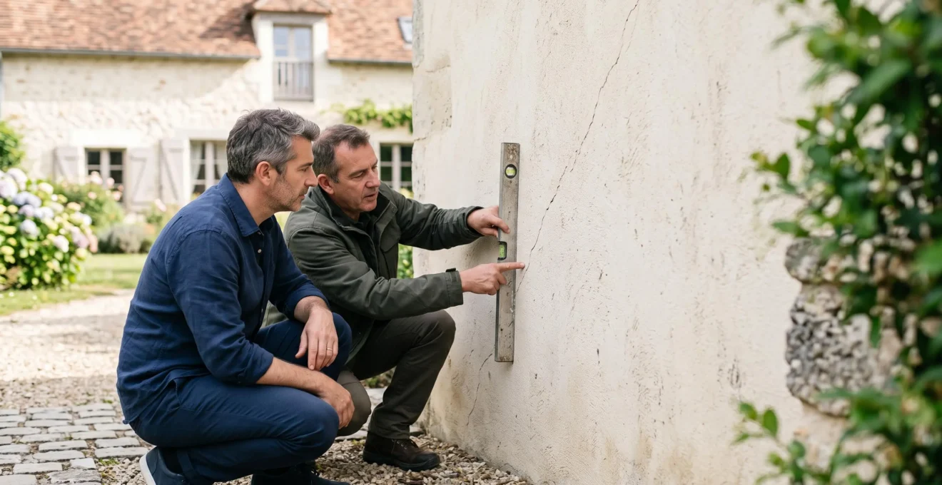 Propriétaire et expert en bâtiment examinant une fissure sur un mur de maison française pour évaluer une malfaçon
