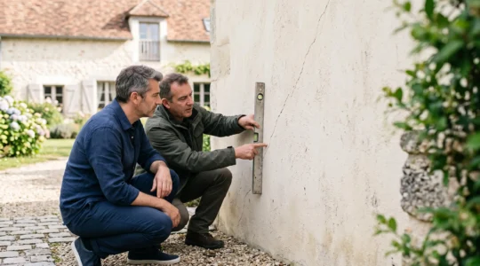 Propriétaire et expert en bâtiment examinant une fissure sur un mur de maison française pour évaluer une malfaçon