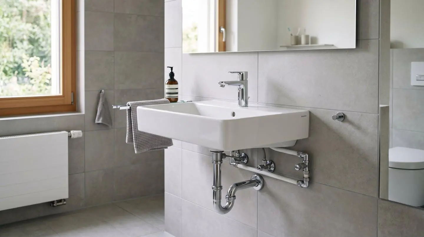 Installation sanitaire moderne dans salle de bain suisse : lavabo céramique avec robinetterie chromée et tuyauterie apparente de qualité