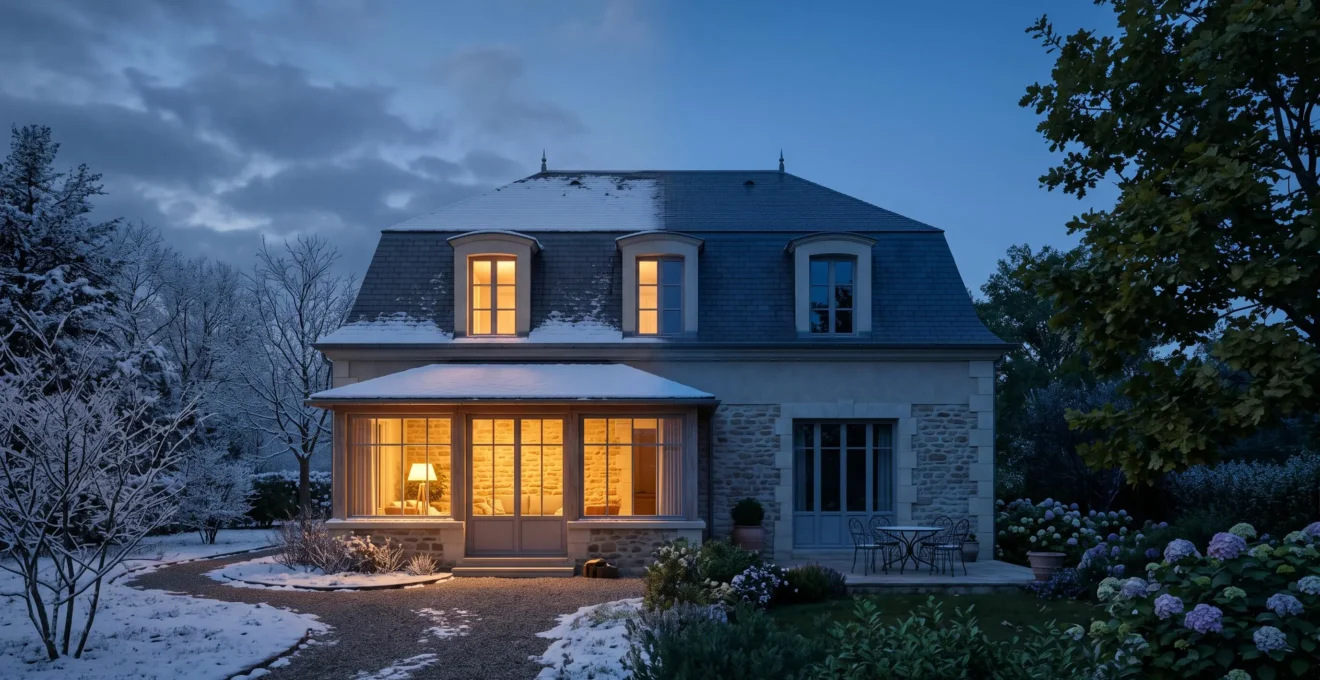 Maison française illustrant l'équilibre thermique entre confort hivernal et fraîcheur estivale grâce à une isolation performante