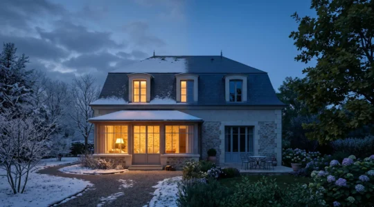 Maison française illustrant l'équilibre thermique entre confort hivernal et fraîcheur estivale grâce à une isolation performante