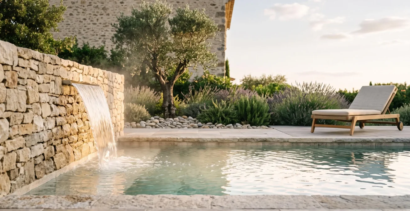 Lame d'eau en cascade au bord d'une piscine dans un jardin contemporain français au crépuscule